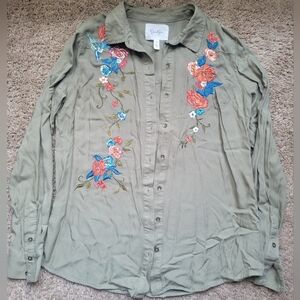 Olive Floral Embroidered Button-Down Shirt